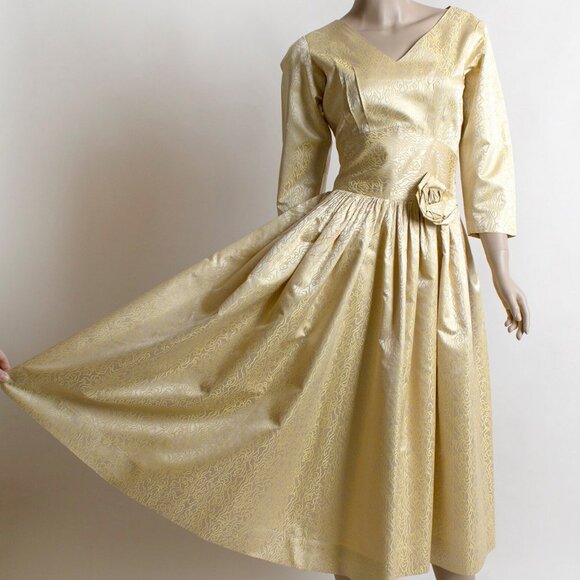 Vintage 1950s Gold Satin Squiggle Rose Cocktail Party Dress Holiday Golden 50s S - Picture 4 of 10